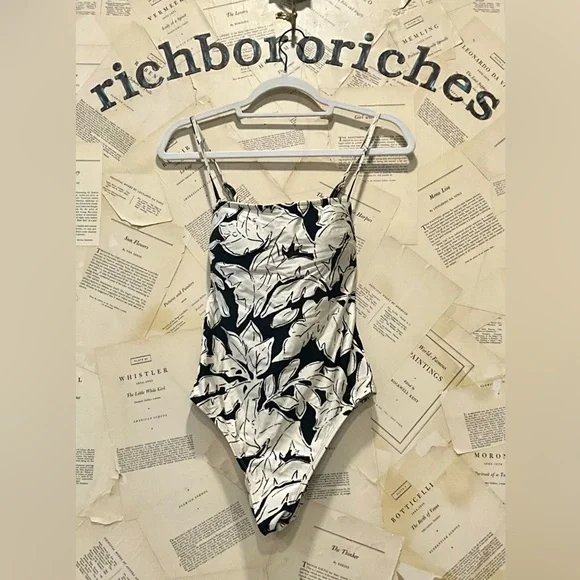 Free People Peony Strapless Printed 1 Piece Swimsuit Duet Ivory Black Leaves - Picture 5 of 6